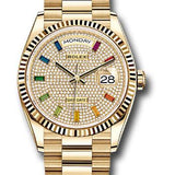 Rolex Yellow Gold Day-Date 36 Watch - Fluted Bezel - Diamond-Paved Rainbow Sapphire Dial - President Bracelet - 128238 dprsp