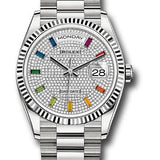 Rolex White Gold Day-Date 36 Watch - Fluted Bezel - Diamond Paved Rainbow Sapphire Dial - President Bracelet - 128239 dprsp