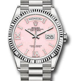 Rolex White Gold Day-Date 36 Watch - Fluted Bezel - Pink Opal Diamond Hour Marker Dial - President Bracelet - 128239 podhmp