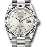 Rolex White Gold Day-Date 36 Watch - Fluted Bezel - Silver Index Dial - President Bracelet - 128239 sip