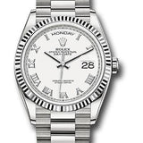 Rolex White Gold Day-Date 36 Watch - Fluted Bezel - White Roman Dial - President Bracelet - 128239 wrp