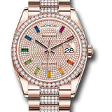 Rolex Everose Gold Day-Date 36 Watch - Diamond Bezel - Diamond-Paved Rainbow Sapphire Dial - Diamond President Bracelet - 128345RBR dprsdp