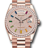 Rolex Everose Gold Day-Date 36 Watch - Diamond Bezel - Diamond-Paved Rainbow Sapphire Dial - President Bracelet - 128345RBR dprsp