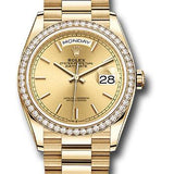 Rolex Yellow Gold Day-Date 36 Watch - Diamond Bezel - Champagne Index Dial - President Bracelet - 128348RBR chip