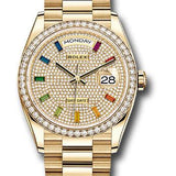 Rolex Yellow Gold Day-Date 36 Watch - Diamond Bezel - Diamond-Paved Rainbow Sapphire Dial - President Bracelet - 128348RBR dprsp