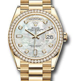 Rolex Yellow Gold Day-Date 36 Watch - Diamond Bezel - Mother-of-Pearl Diamond Dial - President Bracelet - 128348RBR mdp