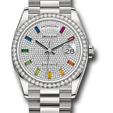 Rolex White Gold Day-Date 36 Watch - Diamond Bezel - Diamond Paved Rainbow Sapphire Dial - President Bracelet - 128349RBR dprsp