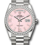 Rolex White Gold Day-Date 36 Watch - Diamond Bezel - Pink Opal Diamond Hour Marker Dial - President Bracelet - 128349RBR podhmp