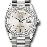 Rolex White Gold Day-Date 36 Watch - Diamond Bezel - Silver Index Dial - President Bracelet - 128349RBR sip