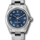 Rolex Steel Oyster Perpetual 31 Watch - Domed Bezel - Azzuro Blue Gold Iii VI Ix Roman Dial - 177200 blro