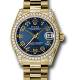 Rolex Yellow Gold Datejust 31 Watch - 48 Diamond Bezel - Blue Concentric Circle Arabic Dial - President Bracelet - 178158 blcap