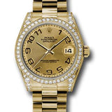 Rolex Yellow Gold Datejust 31 Watch - 48 Diamond Bezel - Champagne Concentric Circle Arabic Dial - President Bracelet - 178158 chcap