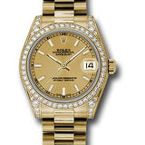 Rolex Yellow Gold Datejust 31 Watch - 48 Diamond Bezel - Champagne Index Dial - President Bracelet - 178158 chip