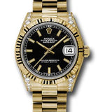 Rolex Yellow Gold Datejust 31 Watch - Fluted Bezel - Black Index Dial - President Bracelet - 178238 bkip