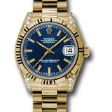 Rolex Yellow Gold Datejust 31 Watch - Fluted Bezel - Blue Index Dial - President Bracelet - 178238 blip