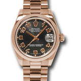 Rolex Pink Gold Datejust 31 Watch - Domed Bezel - Black Arabic Dial - President Bracelet - 178245 bkap