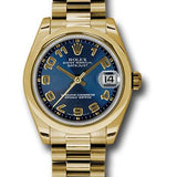 Rolex Yellow Gold Datejust 31 Watch - Domed Bezel - Blue Concentric Circle Arabic Dial - President Bracelet - 178248 blcap