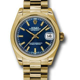 Rolex Yellow Gold Datejust 31 Watch - Domed Bezel - Blue Concentric Circle Index Dial - President Bracelet - 178248 blip