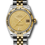 Rolex Steel and Yellow Gold Datejust 31 Watch - Fluted Bezel - Champagne Floral Motif Dial - Jubilee Bracelet - 178273 chfj