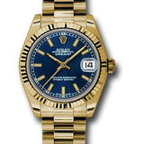 Rolex Yellow Gold Datejust 31 Watch - Fluted Bezel - Blue Index Dial - President Bracelet - 178278 blip