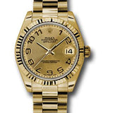 Rolex Yellow Gold Datejust 31 Watch - Fluted Bezel - Champagne Concentric Circle Arabic Dial - President Bracelet - 178278 chcap