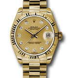 Rolex Yellow Gold Datejust 31 Watch - Fluted Bezel - Champagne Diamond Dial - President Bracelet - 178278 chdp