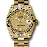 Rolex Yellow Gold Datejust 31 Watch - Fluted Bezel - Champagne Index Dial - President Bracelet - 178278 chip