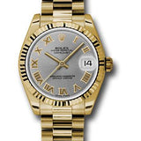 Rolex Yellow Gold Datejust 31 Watch - Fluted Bezel - Gray Roman Dial - President Bracelet - 178278 grp