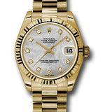 Rolex Yellow Gold Datejust 31 Watch - Fluted Bezel - Mother-Of-Pearl Diamond Dial - President Bracelet - 178278 mdp