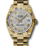 Rolex Yellow Gold Datejust 31 Watch - Fluted Bezel - Silver Diamond Roman Vi Roman Dial - President Bracelet - 178278 sdrp