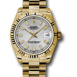 Rolex Yellow Gold Datejust 31 Watch - Fluted Bezel - Silver Diamond Roman Vi Index Dial - President Bracelet - 178278 sip