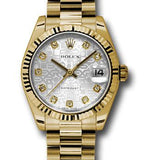 Rolex Yellow Gold Datejust 31 Watch - Fluted Bezel - Silver Jubilee Diamond Dial - President Bracelet - 178278 sjdp