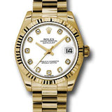 Rolex Yellow Gold Datejust 31 Watch - Fluted Bezel - White Diamond Dial - President Bracelet - 178278 wdp