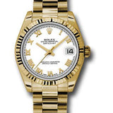 Rolex Yellow Gold Datejust 31 Watch - Fluted Bezel - White Roman Dial - President Bracelet - 178278 wrp