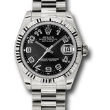 Rolex White Gold Datejust 31 Watch - Fluted Bezel - Black Concentric Circles Arabic Dial - President Bracelet - 178279 bkcap