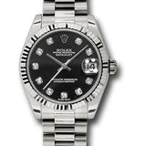 Rolex White Gold Datejust 31 Watch - Fluted Bezel - Black Diamond Dial - President Bracelet - 178279 bkdp