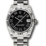 Rolex White Gold Datejust 31 Watch - Fluted Bezel - Black Roman Dial - President Bracelet - 178279 bkrp