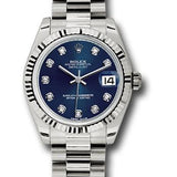 Rolex White Gold Datejust 31 Watch - Fluted Bezel - Blue Diamond Dial - President Bracelet - 178279 bldp