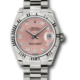 Rolex White Gold Datejust 31 Watch - Fluted Bezel - Pink Diamond Dial - President Bracelet - 178279 pdp