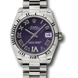 Rolex White Gold Datejust 31 Watch - Fluted Bezel - Purple Diamond Roman Vi Roman Dial - President Bracelet - 178279 pdrp