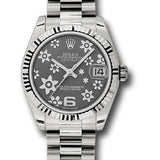 Rolex White Gold Datejust 31 Watch - Fluted Bezel - Dark Rhodium Floral Motif Dial - President Bracelet - 178279 rfp