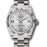 Rolex White Gold Datejust 31 Watch - Fluted Bezel - Silver Diamond Sapphire 6 And 9 Diamond Dial - President Bracelet - 178279 sdsap