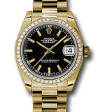 Rolex Yellow Gold Datejust 31 Watch - 48 Diamond Bezel - Black Index Dial - President Bracelet - 178288 bkip