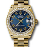 Rolex Yellow Gold Datejust 31 Watch - 48 Diamond Bezel - Blue Concentric Circle Arabic Dial - President Bracelet - 178288 blcap