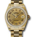 Rolex Yellow Gold Datejust 31 Watch - 48 Diamond Bezel - Champagne Concentric Circle Arabic Dial - President Bracelet - 178288 chcap