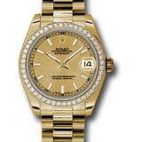 Rolex Yellow Gold Datejust 31 Watch - 48 Diamond Bezel - Champagne Index Dial - President Bracelet - 178288 chip