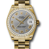 Rolex Yellow Gold Datejust 31 Watch - 48 Diamond Bezel - Gray Roman Dial - President Bracelet - 178288 grp