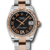 Rolex Steel and Everose Gold Datejust 31 Watch - 24 Diamond Bezel - Black Diamond Roman Vi Roman Dial - Oyster Bracelet - 178341 bkdro