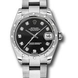 Rolex Steel and White Gold Datejust 31 Watch - 24 Diamond Bezel - Black Diamond Dial - Oyster Bracelet - 178344 bkdo