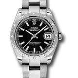 Rolex Steel and White Gold Datejust 31 Watch - 24 Diamond Bezel - Black Index Dial - Oyster Bracelet - 178344 bkio